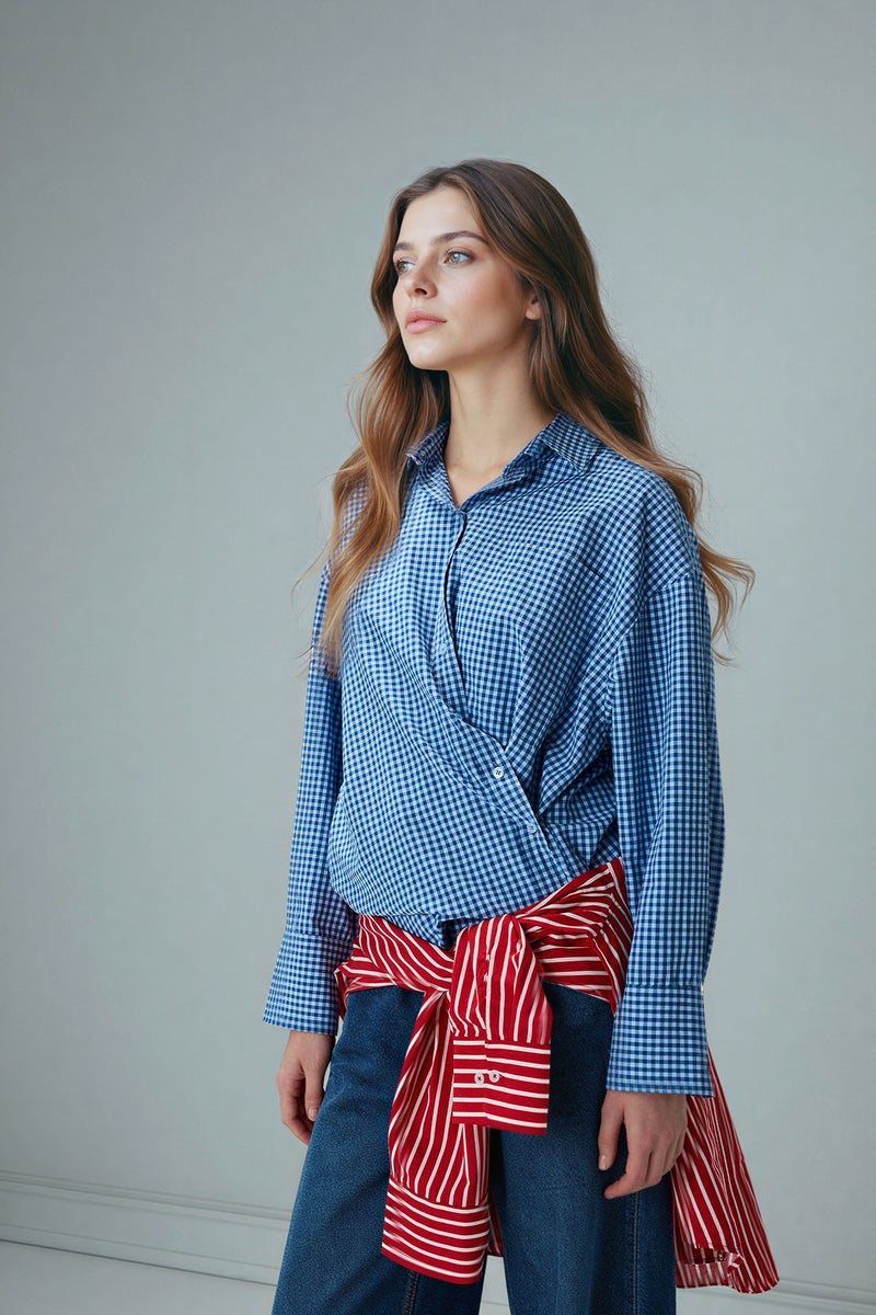 DeFacto Blue Woman Regular Fit Poplin Plaid Long Sleeve Tunic Casual - Image 1